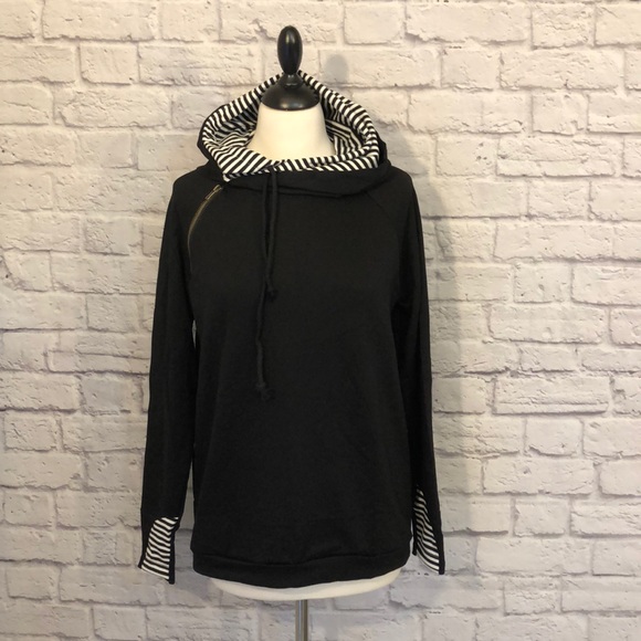 Tops - Double Hooded Black Stripe Sweatshirt